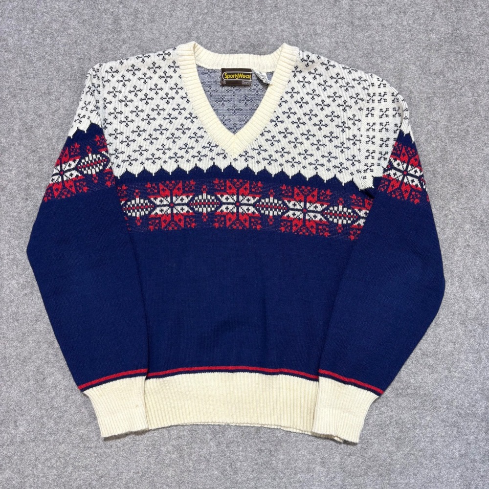 Vintage Sears Sportswear Nordic Fair Isle V-Neck Sweater Navy Blue Red XL